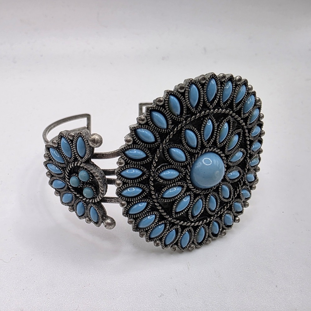 Silver Tone Faux Turquoise Cluster Cuff Bracelet Stamped NR Nina‎ Ricci? Sz 7